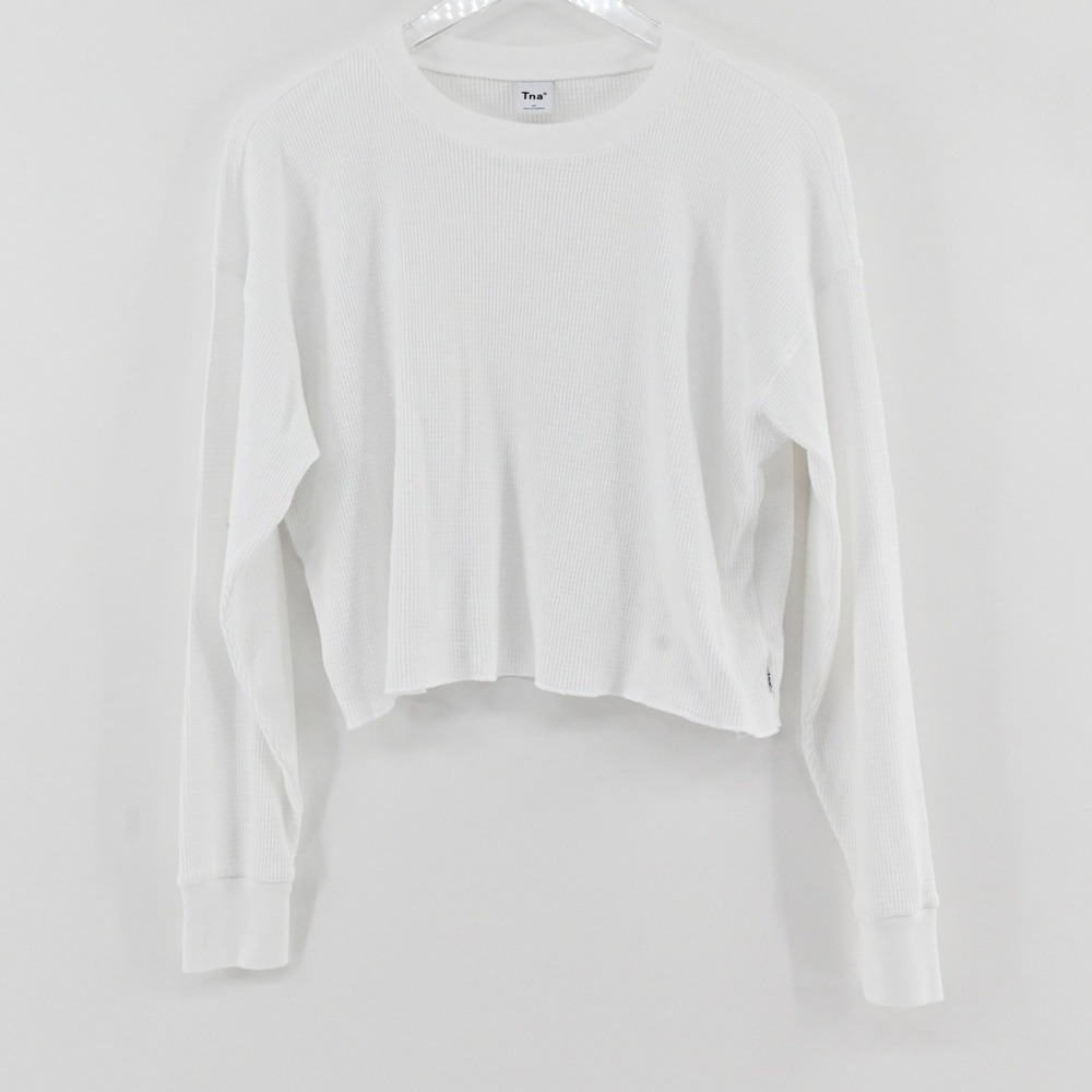 Tna Aritzia Waffle Knit Cropped Top Womens Size M White Cotton Long Sleeve 79819